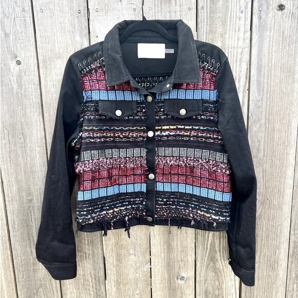 Ramy Brook | Landon Tweed Paneled Mixed Media Denim Jacket Size Large - Picture 2 of 8